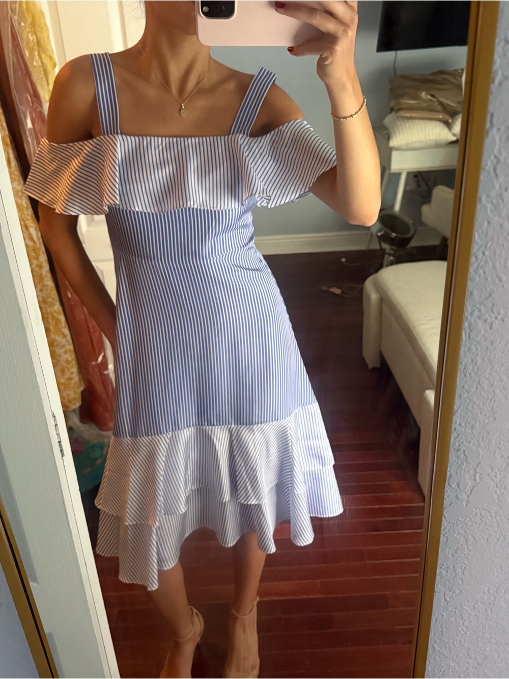 J. Crew Blue and White Striped Off-Shoulder Ruffle Midi Dress 100% silk